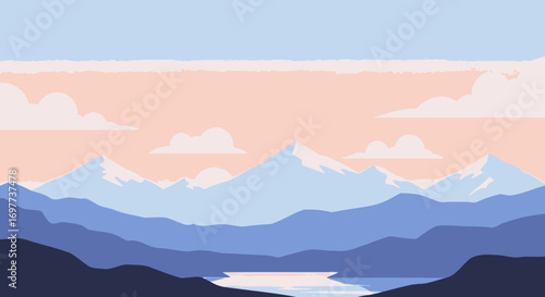 Pastel Sky Mountain Range Scenic Landscape Illustration