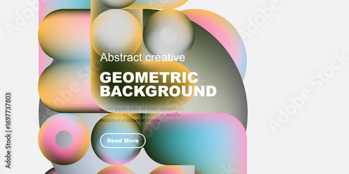 Vibrant geometric shapes overlap, creating colorful abstract background. Text promotes further exploration via button.