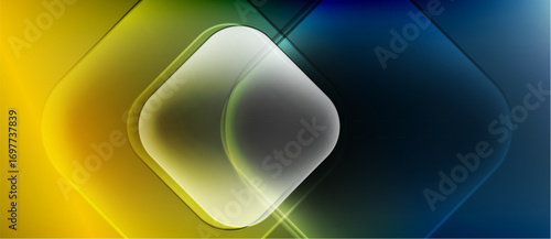 Abstract geometric design. Yellow, green, blue gradients create layered diamond shapes. Brightness contrasts, smooth transitions dominate composition.