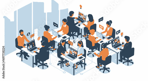 Remote team virtual meeting illustration on laptops for business conference in office room