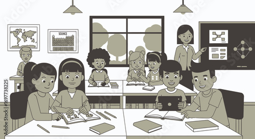 Diverse Students in a classroom are studying with a teacher presenting on board
