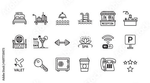 Collection of hotel and hospitality service icons in a simple silhouette style