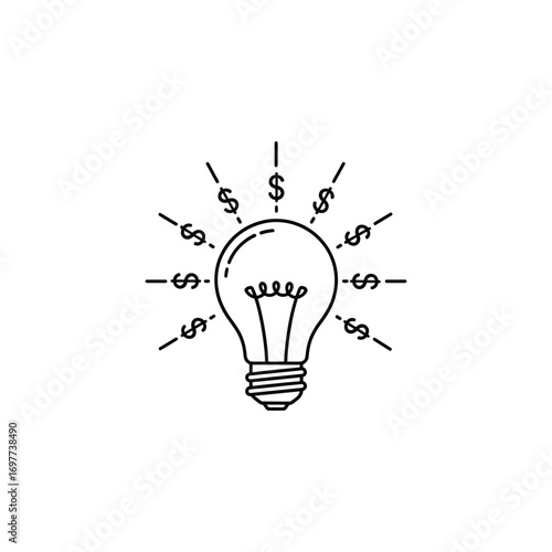 Line art icon of a profitable idea, showing a lightbulb with radiating dollar signs symbolizing creativity, business innovation, and financial success