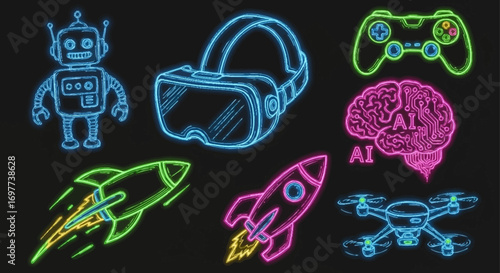 A vibrant set of glowing neon icons illustrating concepts of future technology, AI, and digital entertainment