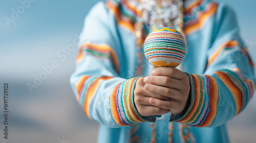 Close up of hands holding colorful festival maraca with person wearing traditional bright clothing in background