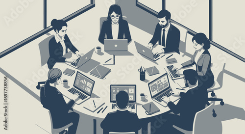 Teamwork in office workspace with laptops and modern design