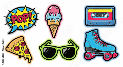 A vibrant set of retro 80s and 90s pop culture sticker illustrations with a neon outline, featuring fun lifestyle and food icons
