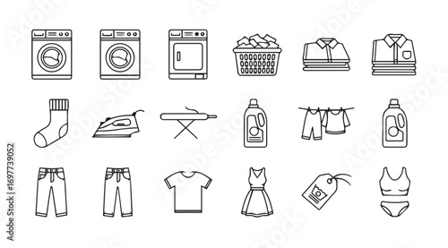Collection of laundry and clothing icons in a sketchy silhouette style