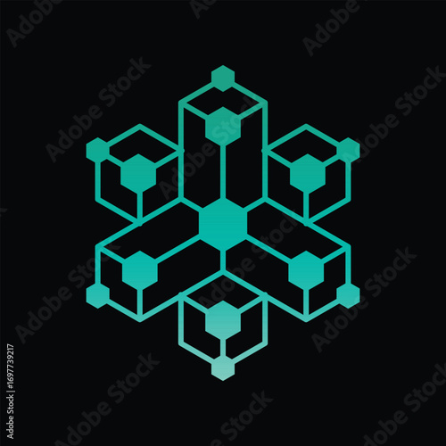 this is a flat design that depicts an abstract shape of connected dots in hexagonal form that can be used as a cryptocurrency related logo