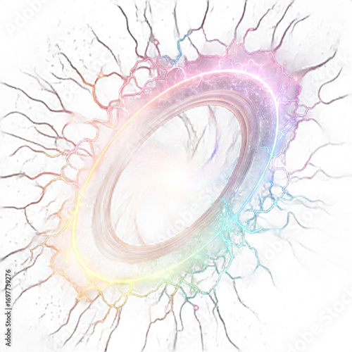 Experience the electrifying cosmic vortex of a vibrant nebula swirling with rainbow energy and bright stars, a portal to boundless imagination and discovery.