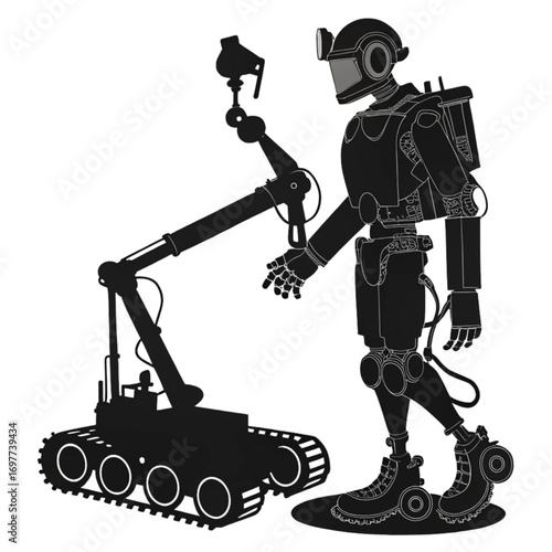 Futuristic robot assistant operates advanced machinery with precision in a high-tech industrial setting, showcasing innovation and automation.