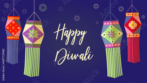 Festive Diwali banner, poster with glowing lanterns, warm lights, and copy space for greetings or promotions, set against a vibrant celebratory background.