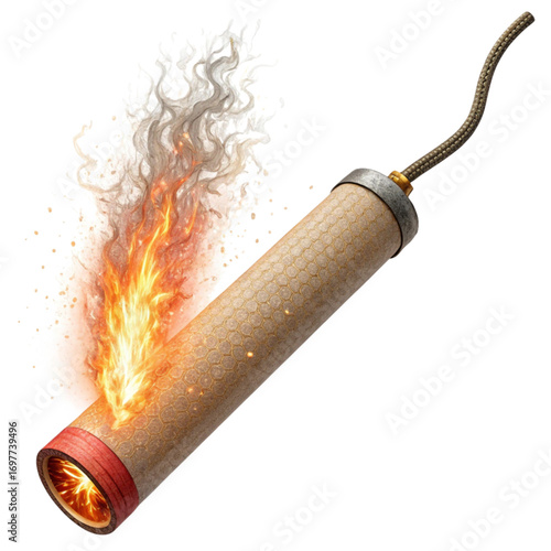 Explosive dynamite fuse burning intensely with dramatic fire and smoke, symbolizing danger, power, and urgent action for impact.