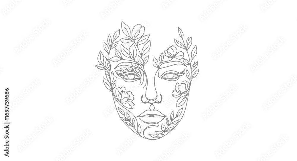Fototapeta premium Floral Beauty Minimalist Line Art Woman with Flowers and Leaves