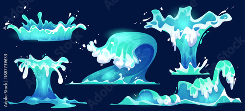 Wave water game effects with turquoise splashes, flowing streams and dynamic ocean currents for aquatic adventures. Liquid animations with foam details. Sea surge graphics for surfing or marine games