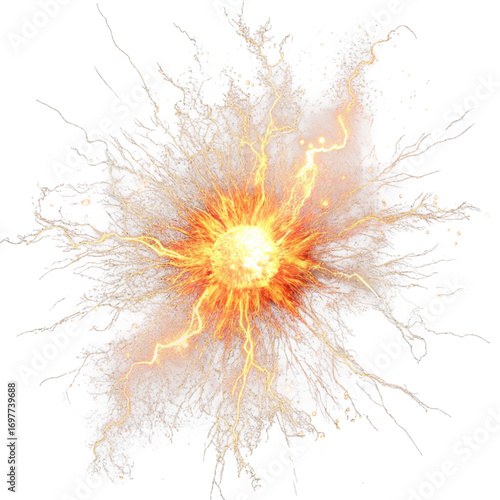 Dynamic explosion of vibrant energy and lightning strikes, showcasing raw power and scientific discovery with intense visual impact