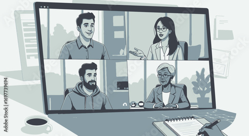 Virtual Conference Illustration with Diverse Participants Meeting Online
