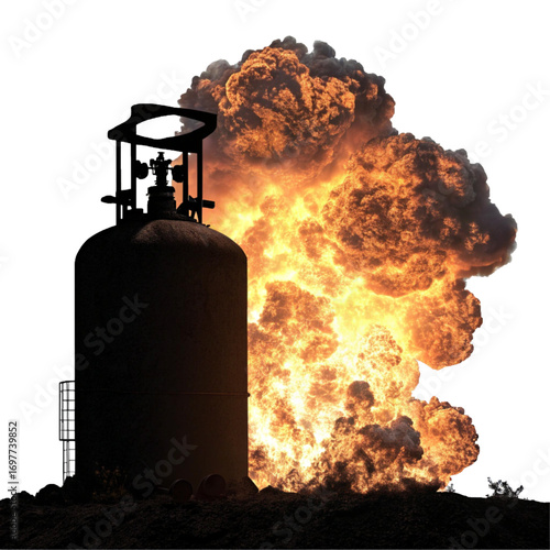 Dramatic explosion engulfs industrial gas tank, symbolizing danger, hazard, and energy crisis in a fiery inferno