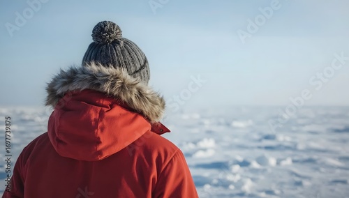 Person in red parka and beanie gazes at snowy arctic landscape