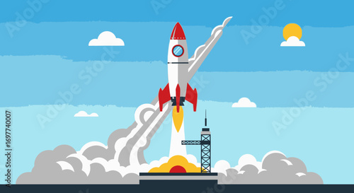 Cartoon Rocket Launching with Clouds and Tower in Light Blue Sky