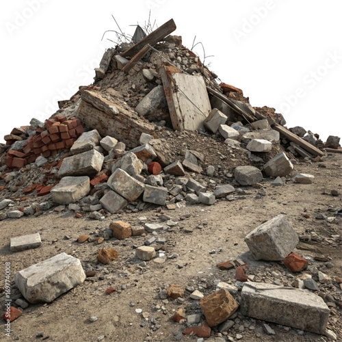 Massive pile of rubble, concrete, and bricks showcasing building demolition debris and construction waste
