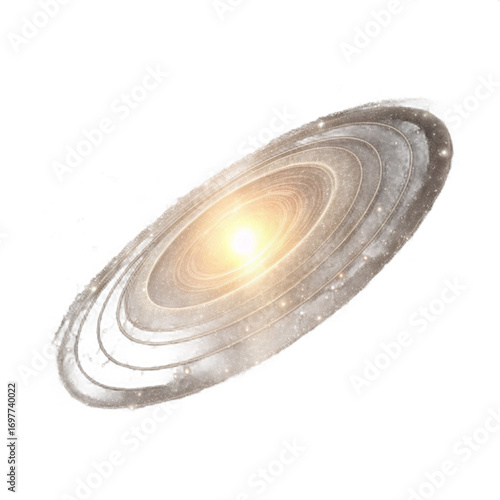Stunning spiral galaxy with glowing sun and orbiting planets, a cosmic spectacle of stellar evolution and celestial wonder