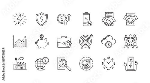 Collection of hand drawn financial and business icons in silhouette