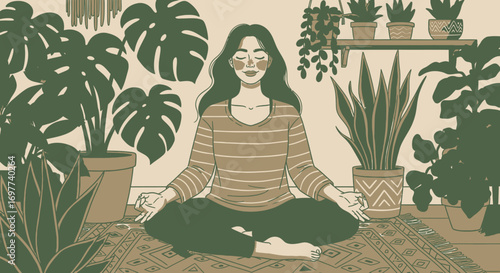 Calm Woman Meditating at Home Surrounded by Potted Plants