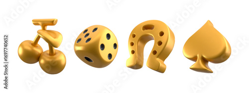 3D casino icon set with golden cherry and dice, horseshoe and spade for gambling applications. Luxury metallic glossy game symbols for slot machines or betting interfaces. Premium fortune elements