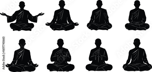 Meditating monk silhouettes in lotus position with various hand mudras, spiritual meditation, mindfulness, calmness, yoga practice, zen, relaxation
