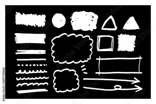 黒背景に白の手描き風イラスト素材セット 吹き出し フレーム 矢印 強調線 装飾に便利なシンプルなコミック風デザイン