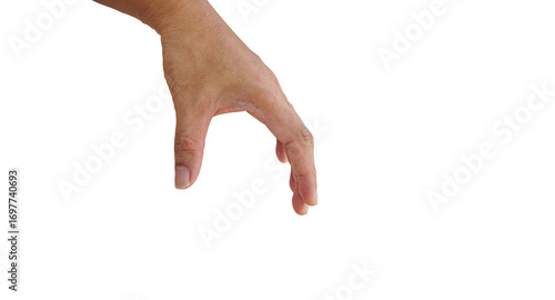 A man's hand making a gesture of holding something isolated on a white background.