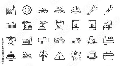 Collection of industrial and engineering icons in a simple silhouette style