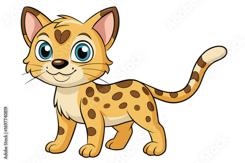 Cartoon Leopard Cub Illustration, Big Blue Eyes, Spotted Coat, White Background