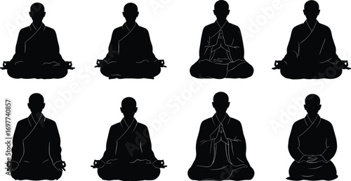 Meditating monk silhouettes in various poses, sitting meditation, zen practice, spiritual calm, mindfulness, peacefulness, yoga, prayer, meditation posture