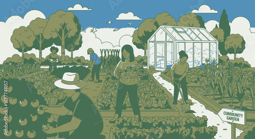 Community Garden Harvesting Vegetables Illustration with Diverse Volunteers