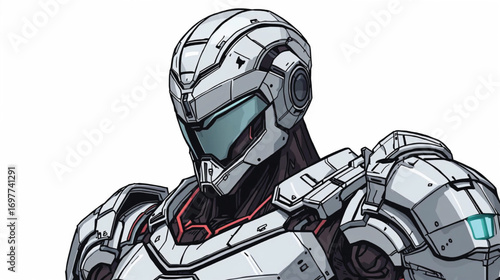 Cyber guardian robot with helmeted armor and segmented plating, futuristic vector illustration in sharp angular style. Ai generate 