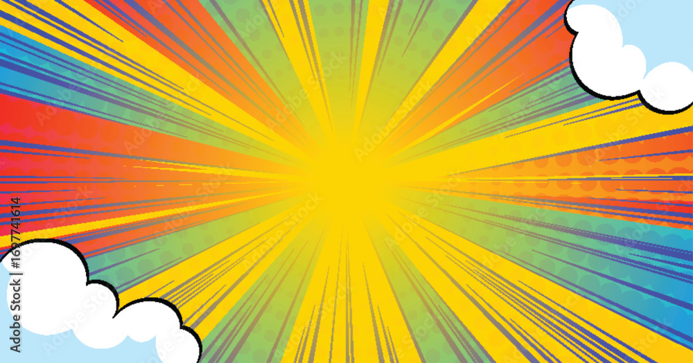 Fotografie Anime comic burst with rainbow rays and white clouds for explosive manga background