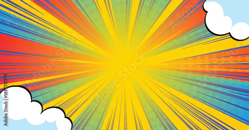 Anime comic burst with rainbow rays and white clouds for explosive manga background. Vibrant yellow center with speed lines outward. Pop art style motion effect for action scenes or superhero panels.