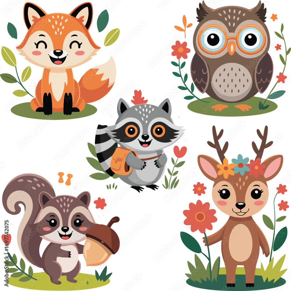 Fototapeta premium Adorable woodland creatures with flowers and foliage raccoon deer