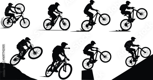 Mountain Biker Silhouette Vector Set – Cycling on Hills, Jumps, Ramps, Outdoor Adventure, Extreme Sports Illustration for Active Lifestyle Design