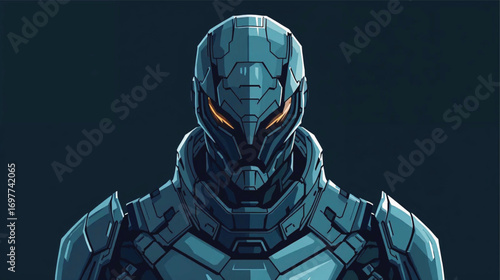 Cyber guardian robot with helmeted armor and segmented plating, futuristic vector illustration in sharp angular style. Ai generate 
