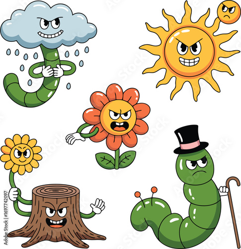 Angry cartoon sun cloud flower stump caterpillar with cane rain