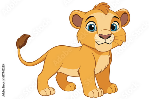 Cartoon Lion Cub Illustration, Design, Cute, Friendly Animal, White Background