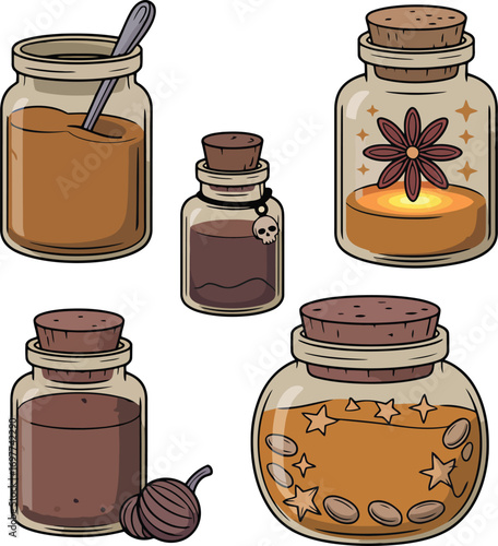 Assorted glass jars containing potions spices and candle cork