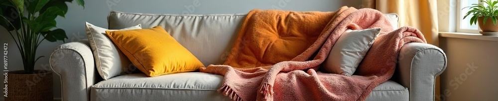 Fototapeta premium Cozy living room scene featuring a stylish throw blanket draped over a comfortable sofa, perfect for gifting Adds warmth and texture to any home , yellow, rustic