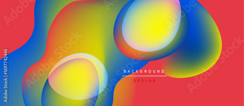 Abstract fluid shapes blend vibrant colors. Yellow, red, blue create dynamic composition. Modern design element for backgrounds.