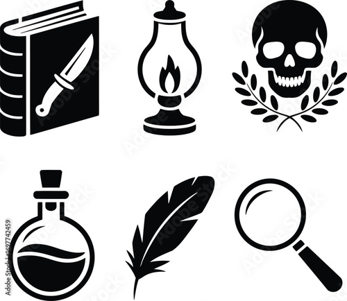 Book knife lamp skull feather vial magnifying glass laurel