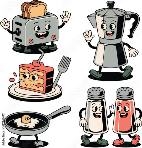 Cartoon breakfast characters toaster coffee pot cake fried egg salt pepper bread