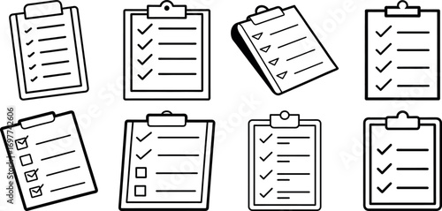 set of Clipboard with checklist ticked Vector illustration.